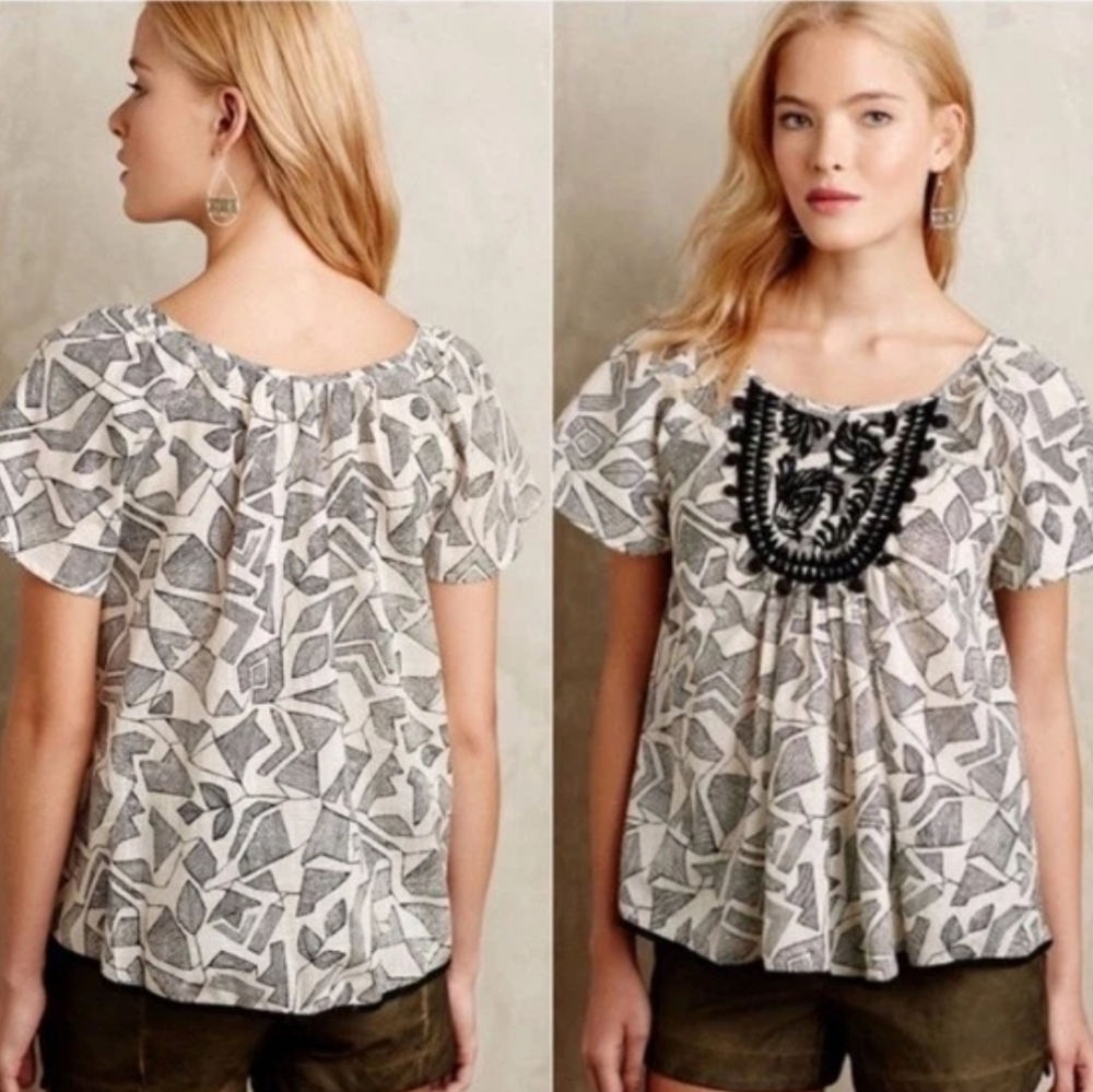 Anthropologie × Floreat Embroidered Pom Pom Neckline Flutter Sleeve Top Boho MD